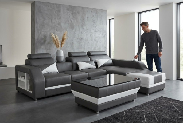 Canapé d'angle en cuir avec USB, Canapés d'angle Suite Canapés Tissus rembourrés Salon paysage Luxe