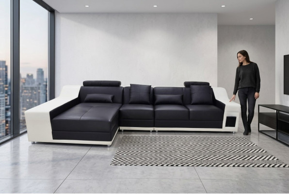 Coin Canapé d'angle moderne en cuir XXL Paysage de vie Canapé en cuir Sofa avec USB, forme en L B2017B