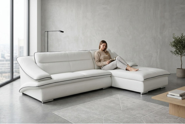 Canapé d'angle en cuir avec USB, suite d'angle design paysage, revêtement L-shape pour salon