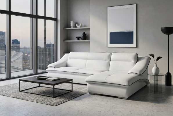 Canapé d'angle en cuir avec USB, suite d'angle design paysage, revêtement L-shape pour salon