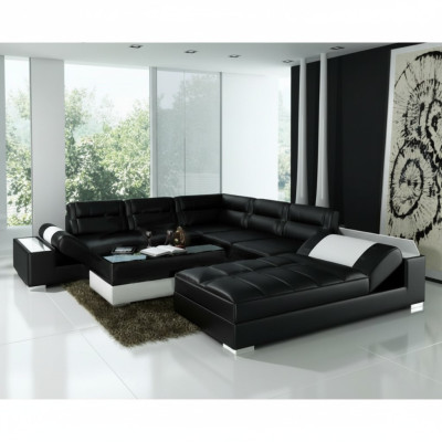 Canapé d'angle en cuir Canapé d'angle + Suite USB Rembourrage en forme de U Canapé design Paysage de vie