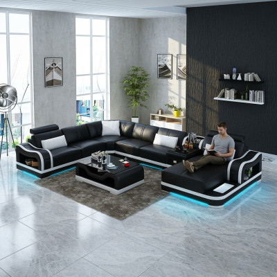 Canapé en cuir + Canapé USB Salon paysager Canapé d'angle Suite Design Canapé Moderne Canapés