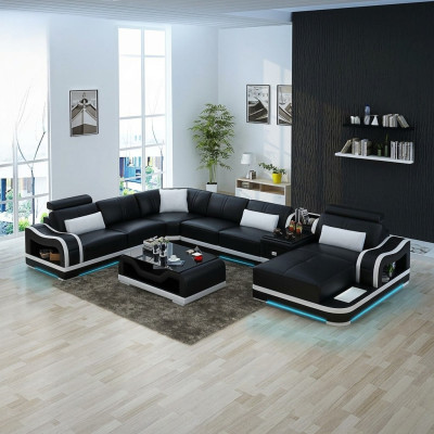 Canapé en cuir + Canapé USB Salon paysager Canapé d'angle Suite Design Canapé Moderne Canapés