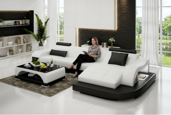 Canapé en cuir avec USB Salon paysager Canapé d'angle Suite d'angle Design Moderne Canapé G8009D