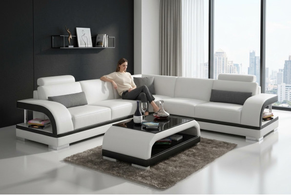 Canapé en cuir avec USB, canapé d'angle de paysage vivant Suite d'angle Design Canapé moderne G8011B