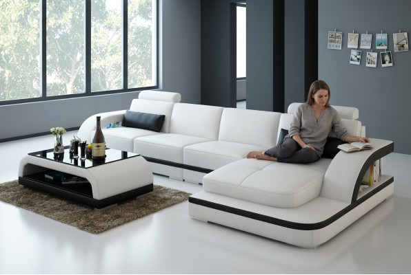 Canapé en cuir avec USB, Canapé d'angle de paysage vivant, Ensemble d'angle Design Moderne Canapé G8011C