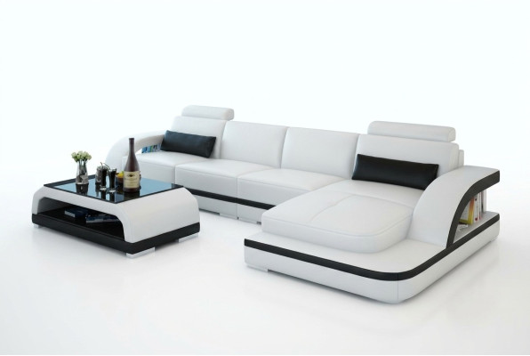 Canapé en cuir avec USB, Canapé d'angle de paysage vivant, Ensemble d'angle Design Moderne Canapé G8011C