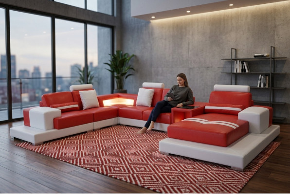 Canapé en cuir Canapé Canapé d'angle Suite Design Moderne Canapé en forme de U avec lumière USB