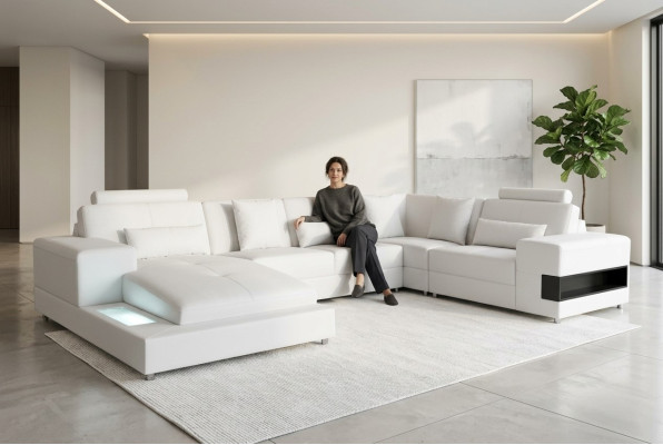 Canapé d'angle en cuir avec design de suite moderne en forme de U et port USB.