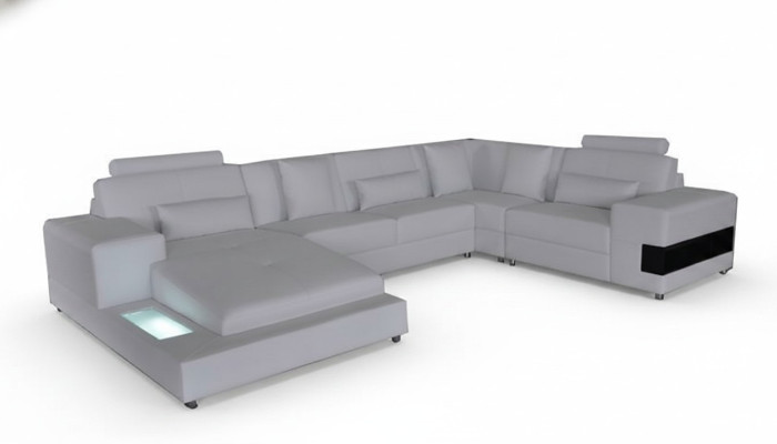 Canapé d'angle en cuir avec design de suite moderne en forme de U et port USB.