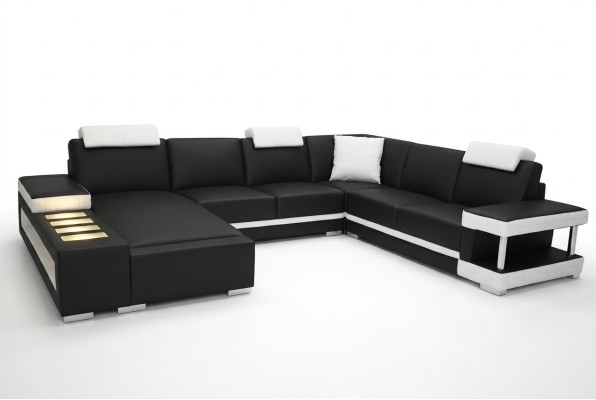 Canapé d'angle en cuir design avec USB - grand canapé d'angle paysage en cuir.