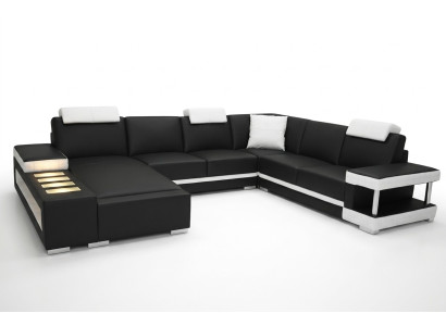 Canapé d'angle en cuir design avec USB - grand canapé d'angle paysage en cuir.
