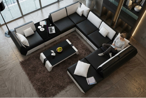 XXL Canapé d'angle en cuir de paysage de vie canapé de suite de rembourrage de design Grand canapé d'angle de canapé de Big canapé + USB