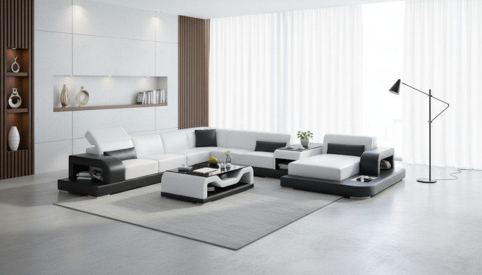 Canapé d'angle sofa + USB Rembourrage Paysage vivant Canapé d'angle rembourré Canapé design Canapé en cuir nouveau