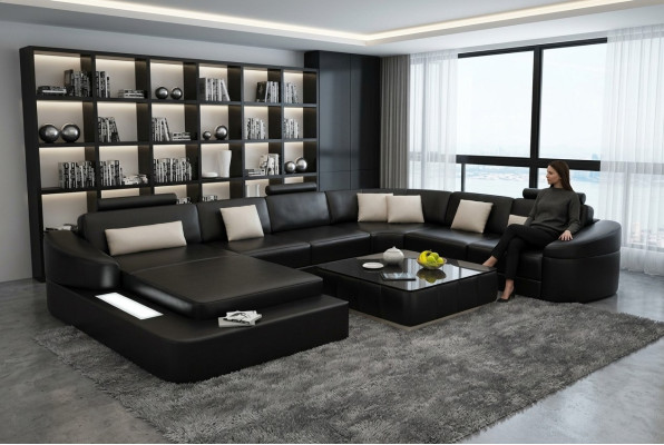 Canapé en cuir de luxe, modern seat suite corner sofa, paysage de vie à LED avec port USB.