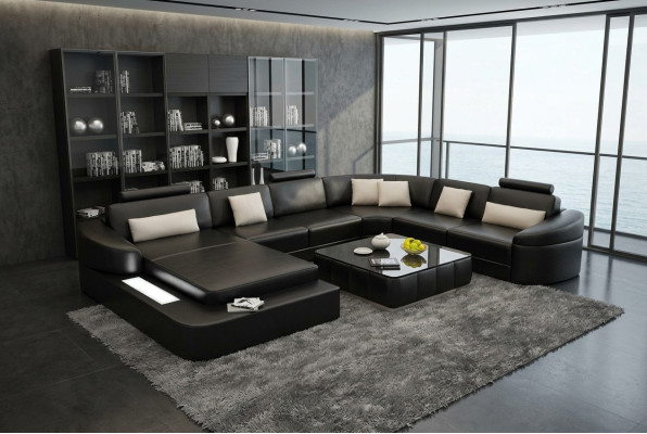Canapé en cuir de luxe, modern seat suite corner sofa, paysage de vie à LED avec port USB.