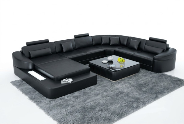 Canapé en cuir de luxe, modern seat suite corner sofa, paysage de vie à LED avec port USB.