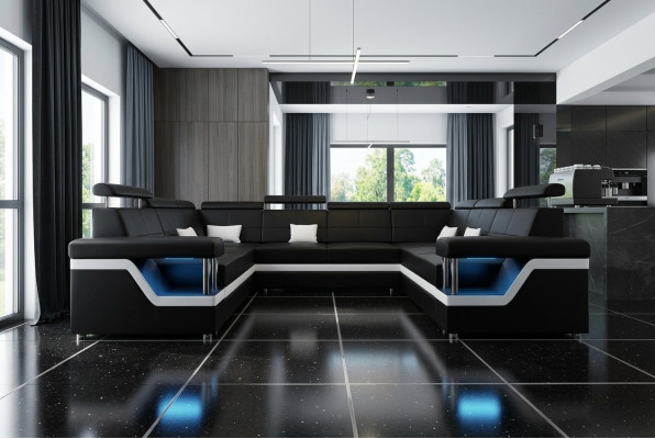 Canapé en cuir avec USB grand canapé d'angle XXL Canapé coin salon Canapé Rembourrage Siège LED