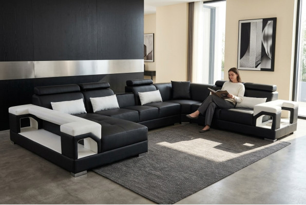 Ensemble complet de canapé en cuir avec coussin, canapé d'angle de salon, suite de canapé moderne avec port USB.