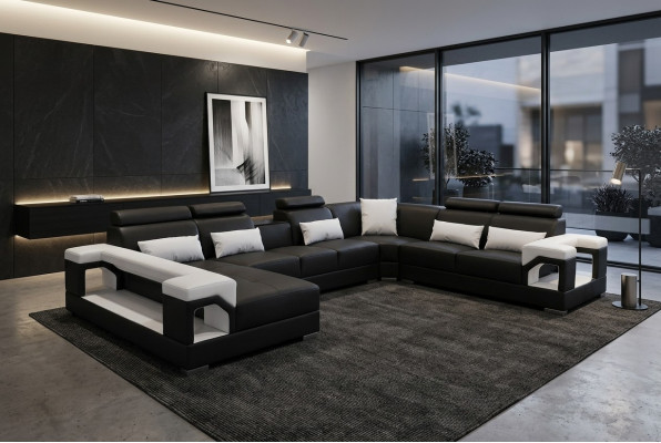 Ensemble complet de canapé en cuir avec coussin, canapé d'angle de salon, suite de canapé moderne avec port USB.