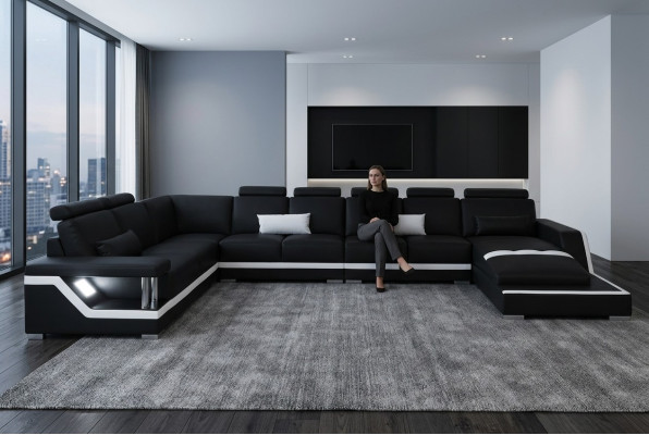 Canapé en cuir Paysage vivant Suite d'angle Canapé design en U + chaise avec USB L6002