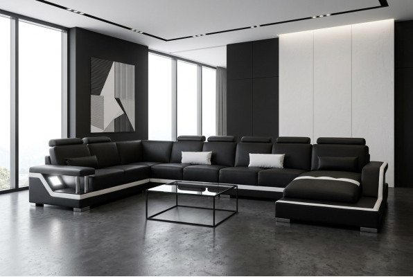 Canapé en cuir Paysage vivant Suite d'angle Canapé design en U + chaise avec USB L6002