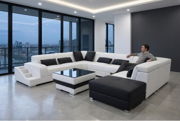 Canapé d'angle en cuir Suite Salon Design canapé moderne Canapés USB LED Tabouret
