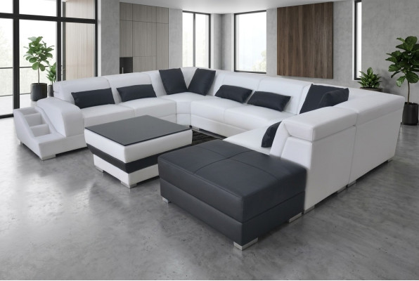 Canapé d'angle en cuir Suite Salon Design canapé moderne Canapés USB LED Tabouret