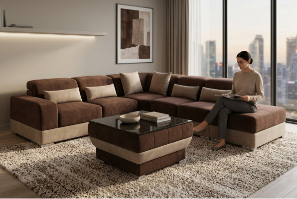 Canapé d'angle en cuir Salon Suite de paysage Conception Canapé canapés USB LED Marron + Table