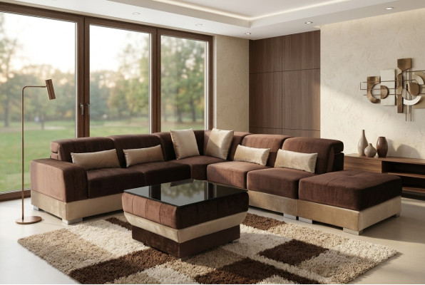 Canapé d'angle en cuir Salon Suite de paysage Conception Canapé canapés USB LED Marron + Table