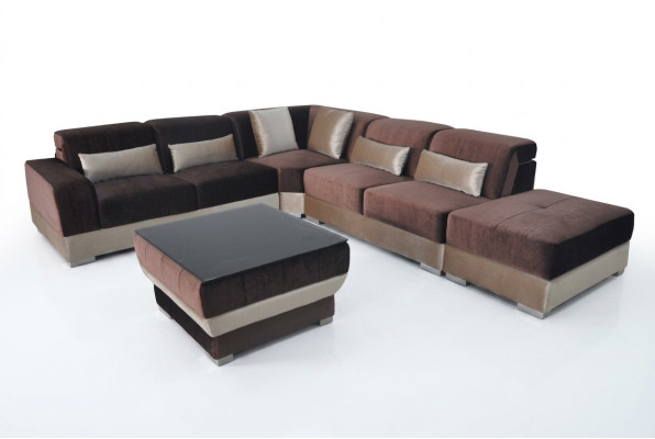 Canapé d'angle en cuir Salon Suite de paysage Conception Canapé canapés USB LED Marron + Table