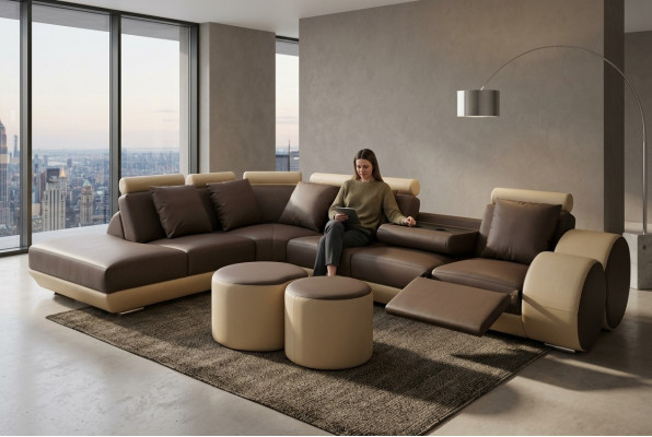 Grand canapé d'angle avec suite en cuir avec USB, revêtement en coin paysage, coin salon en forme de L, tabouret.