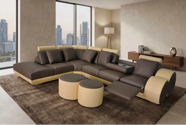 Grand canapé d'angle avec suite en cuir avec USB, revêtement en coin paysage, coin salon en forme de L, tabouret.