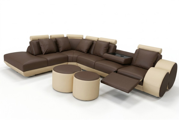 Grand canapé d'angle avec suite en cuir avec USB, revêtement en coin paysage, coin salon en forme de L, tabouret.