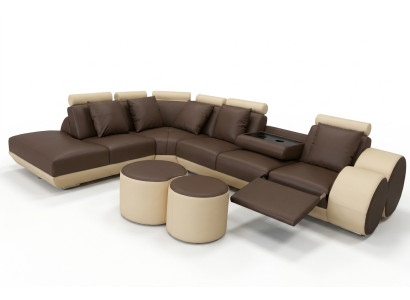 Grand canapé d'angle avec suite en cuir avec USB, revêtement en coin paysage, coin salon en forme de L, tabouret.