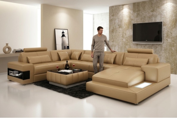 Canapé en cuir XXL avec USB, canapé d'angle paysage vivant Suite de canapé design Canapé d'angle nouveau