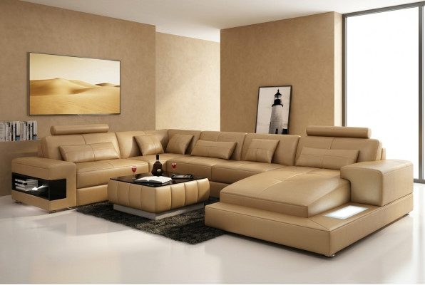 Canapé en cuir XXL avec USB, canapé d'angle paysage vivant Suite de canapé design Canapé d'angle nouveau