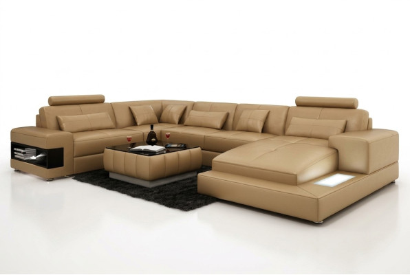 Canapé en cuir XXL avec USB, canapé d'angle paysage vivant Suite de canapé design Canapé d'angle nouveau