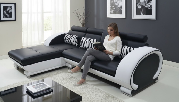 Canapé d'angle en cuir + Suite d'angle USB Salon d'angle Paysage en forme de L Nouveau design de rembourrage