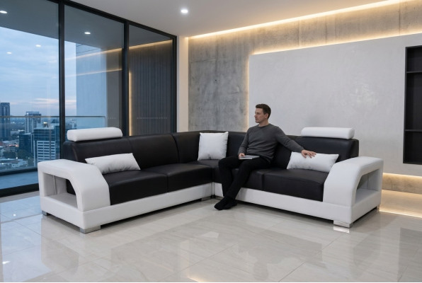 Canapé d'angle XXL + USB, ensemble de salon en cuir design moderne L-shape G8001B