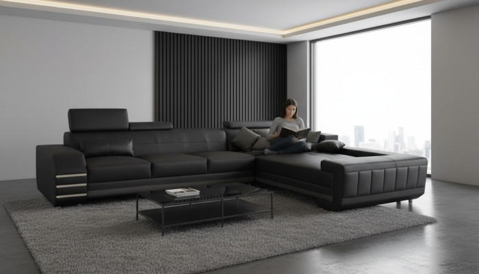 Canapé d'angle en cuir + Suite siège rembourré avec port USB Design de paysage vivant XXL Coin en forme de L