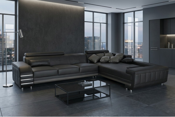 Canapé d'angle en cuir + Suite siège rembourré avec port USB Design de paysage vivant XXL Coin en forme de L