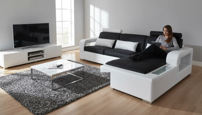 Canapé en cuir avec USB Salon paysage Suite d'angle Design Canapé moderne en forme de L L6008