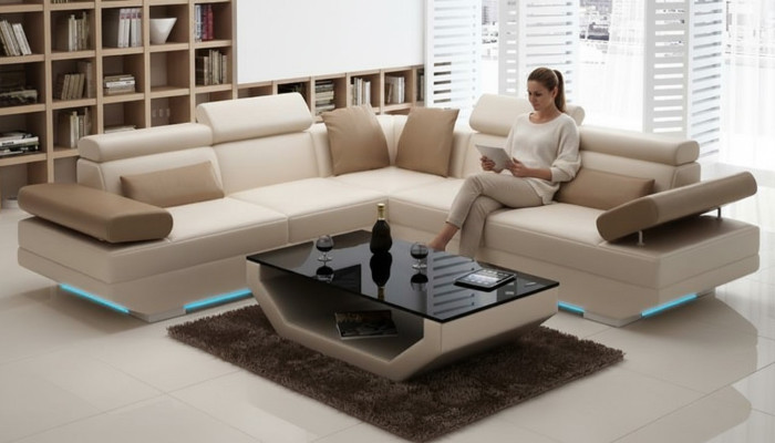 Canapé en cuir Canapé avec USB Paysage vivant Canapé d'angle Suite Design Canapé moderne