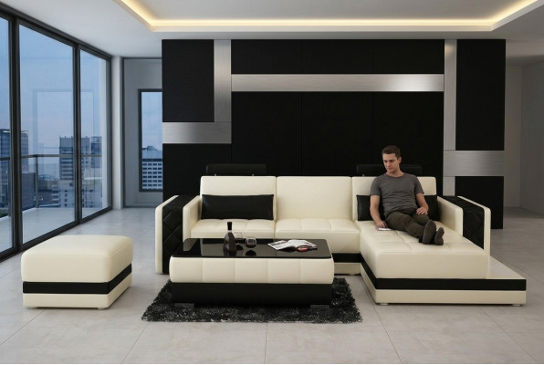 Canapé en cuir avec USB. Paysage vivant Canapé d'angle Suite d'angle Design Canapé moderne L6010D
