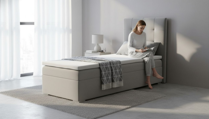 Boîte de luxe avec sommier tapissier pour lits d'hôtel, base de lit fonctionnelle 90x200cm en gris, neuf.