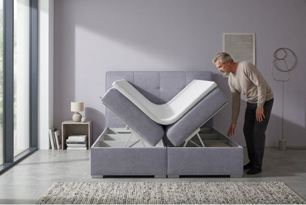 Lit double d'hôtel Boxspring en textile de luxe avec fonction de sommier rembourré neuf.
