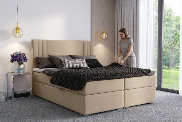 Lit Boxspring Hôtel Double Beige Textile Lits de Luxe Rembourrage Fonction du Sommier