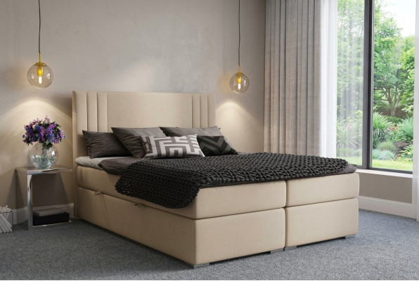 Lit Boxspring Hôtel Double Beige Textile Lits de Luxe Rembourrage Fonction du Sommier