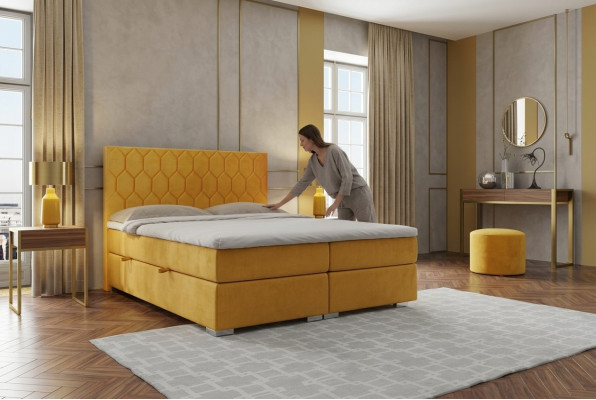 Lit Boxspring Hôtel Double de Luxe, Lits Rembourrés Fonction coffre en Velours Jaune